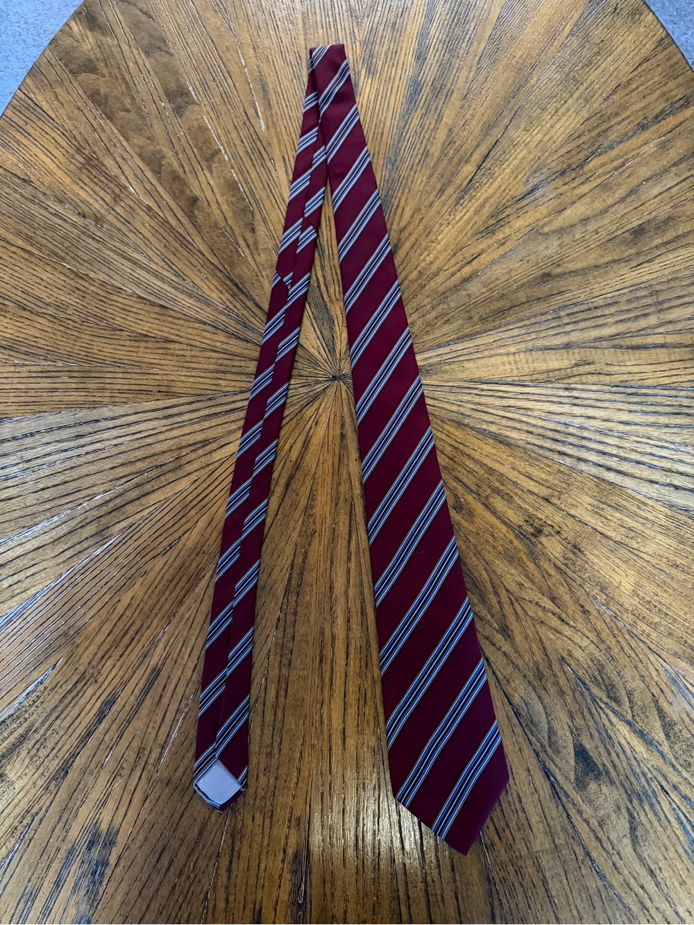 Dior Burgundy Silk Tie with White, Blue and Tan Stripes